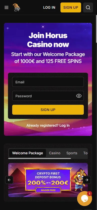 Horus Casino responsive mobile browser home interface
