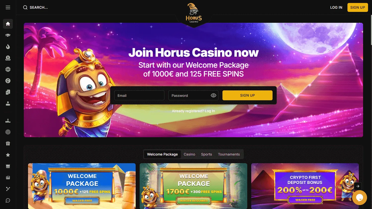 Horus Casino desktop home interface with casino, live casino and sportsbook access