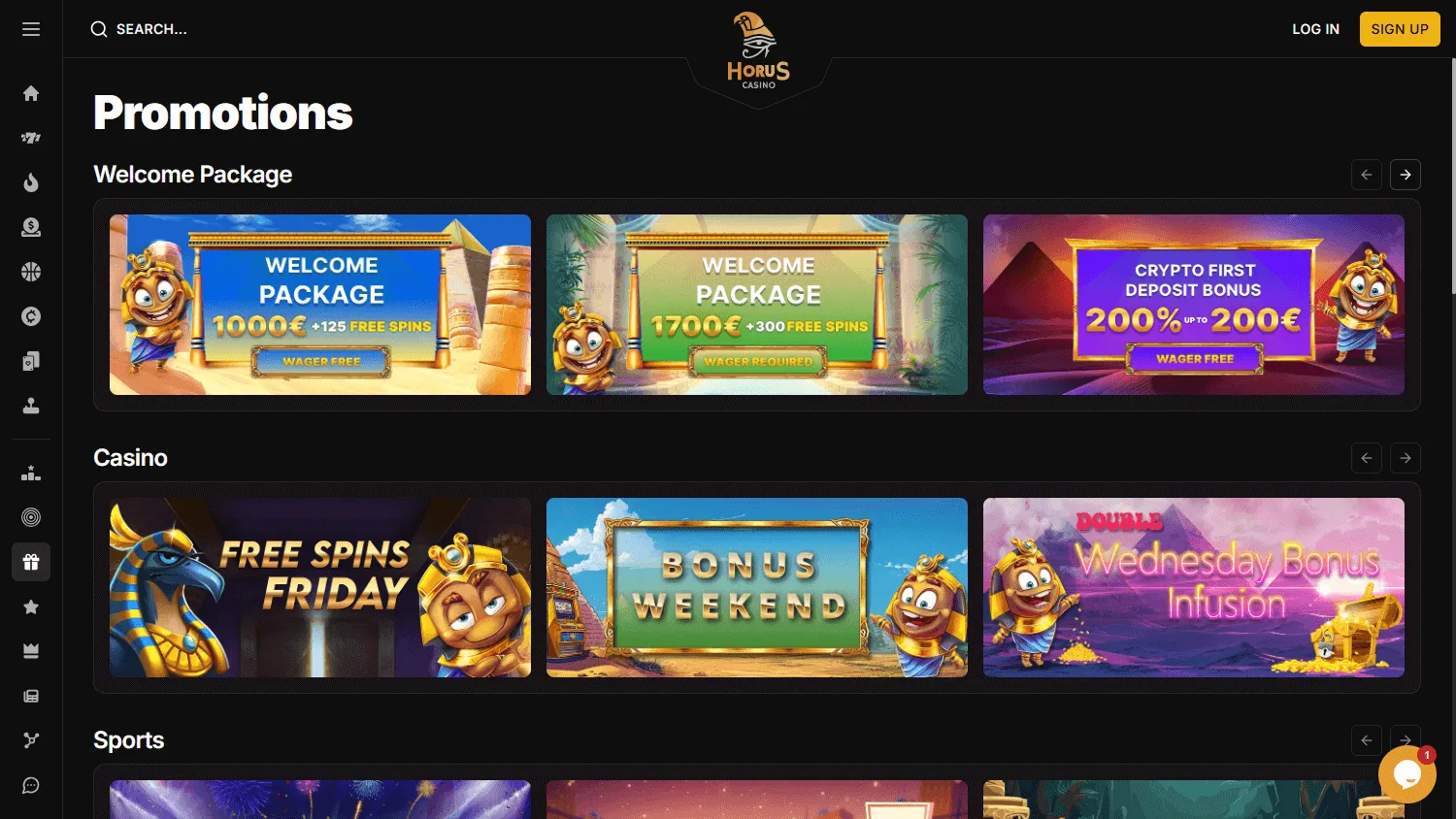 Horus Casino desktop promotions area with welcome and ongoing promotional offers