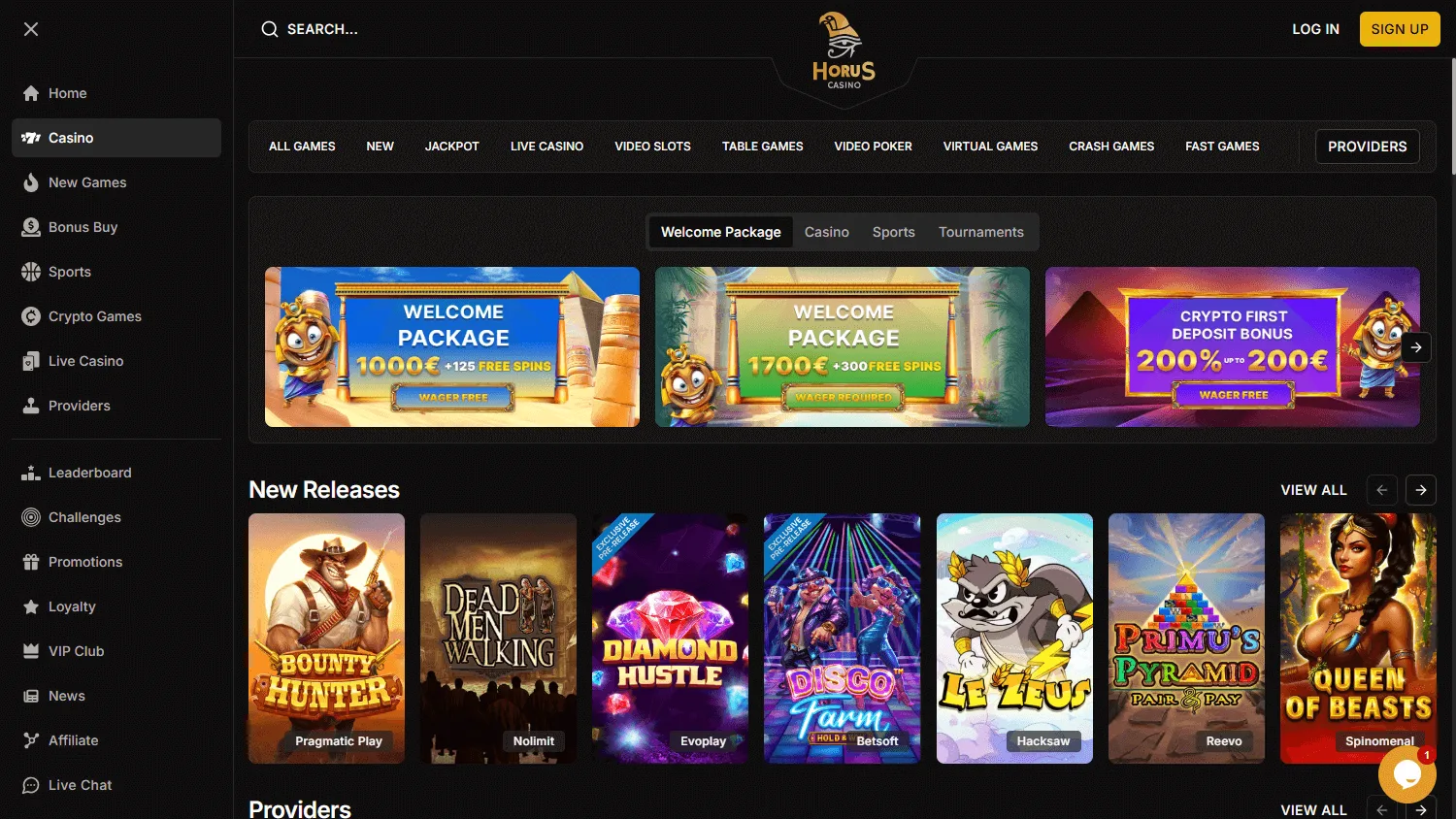 Horus Casino desktop games catalogue with casino titles and game categories